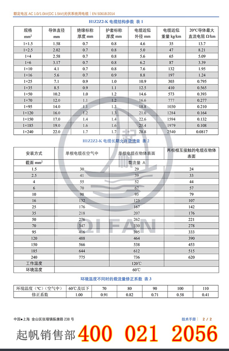 H1Z2Z2-K光伏電纜結(jié)構(gòu)參數(shù)